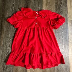 Sunday Up Babydoll Top Womens Small Red Ruffle Collar Bow Buttons Puff Sleeve